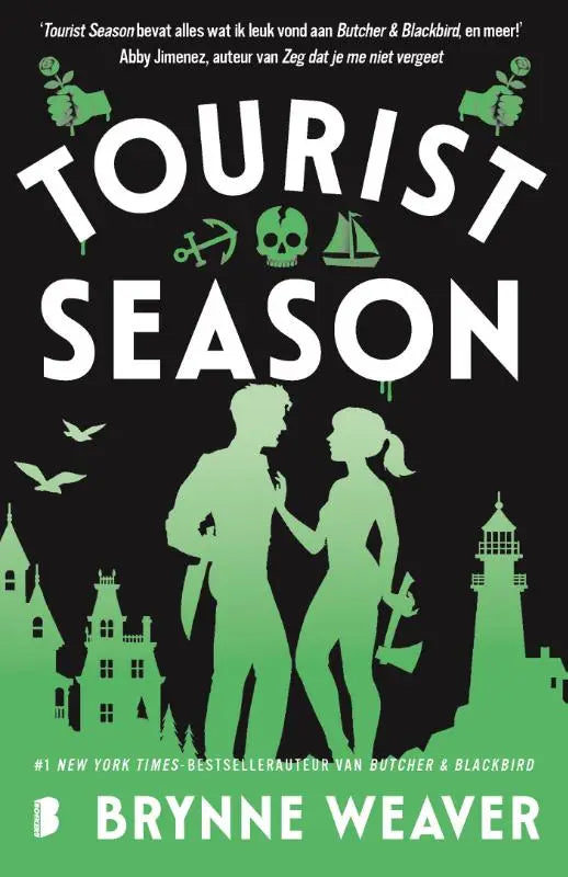 Groen boekcover van tourist season van brynne weaver met witte titel en silhouetten van toeristen bij kustarchitectuur