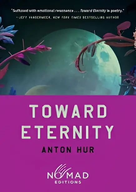 De boekomslag van toward eternity nomad edition door anton hur toont een gestileerde maan en paarse bladeren op blauwe achtergrond