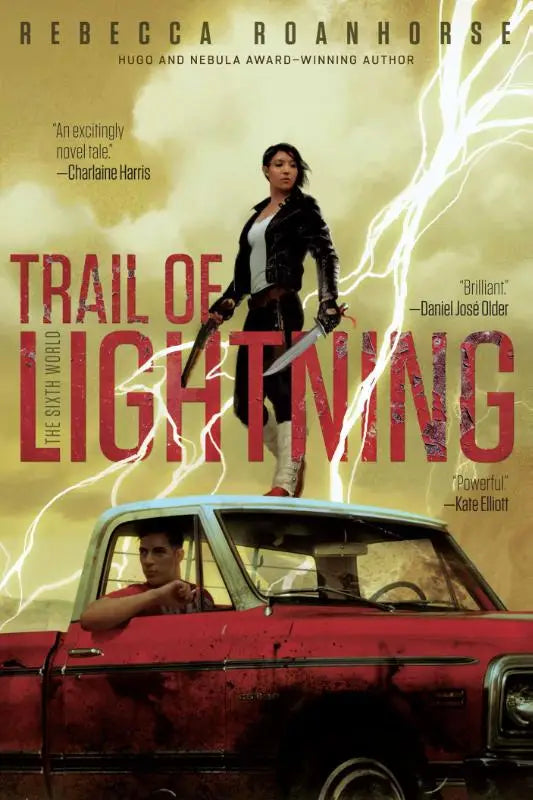 Rode vintage pickup truck met verweerde afwerking en chromen accenten in de zesde wereld collectie trail of lightning