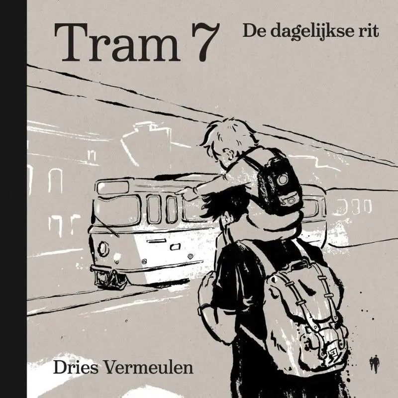 Zwart-wit geïllustreerde boekcover van tram 7 met een kind op schouders wijzend naar een tram en dagelijkse rit als thema
