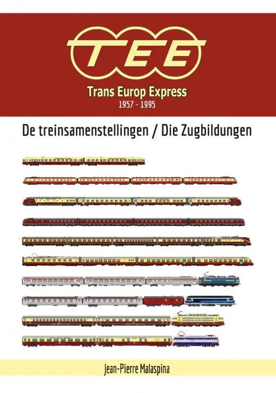Cover van het boek trans europ express 1957-1995 met illustraties van kleurrijke vintage trans europ treinen