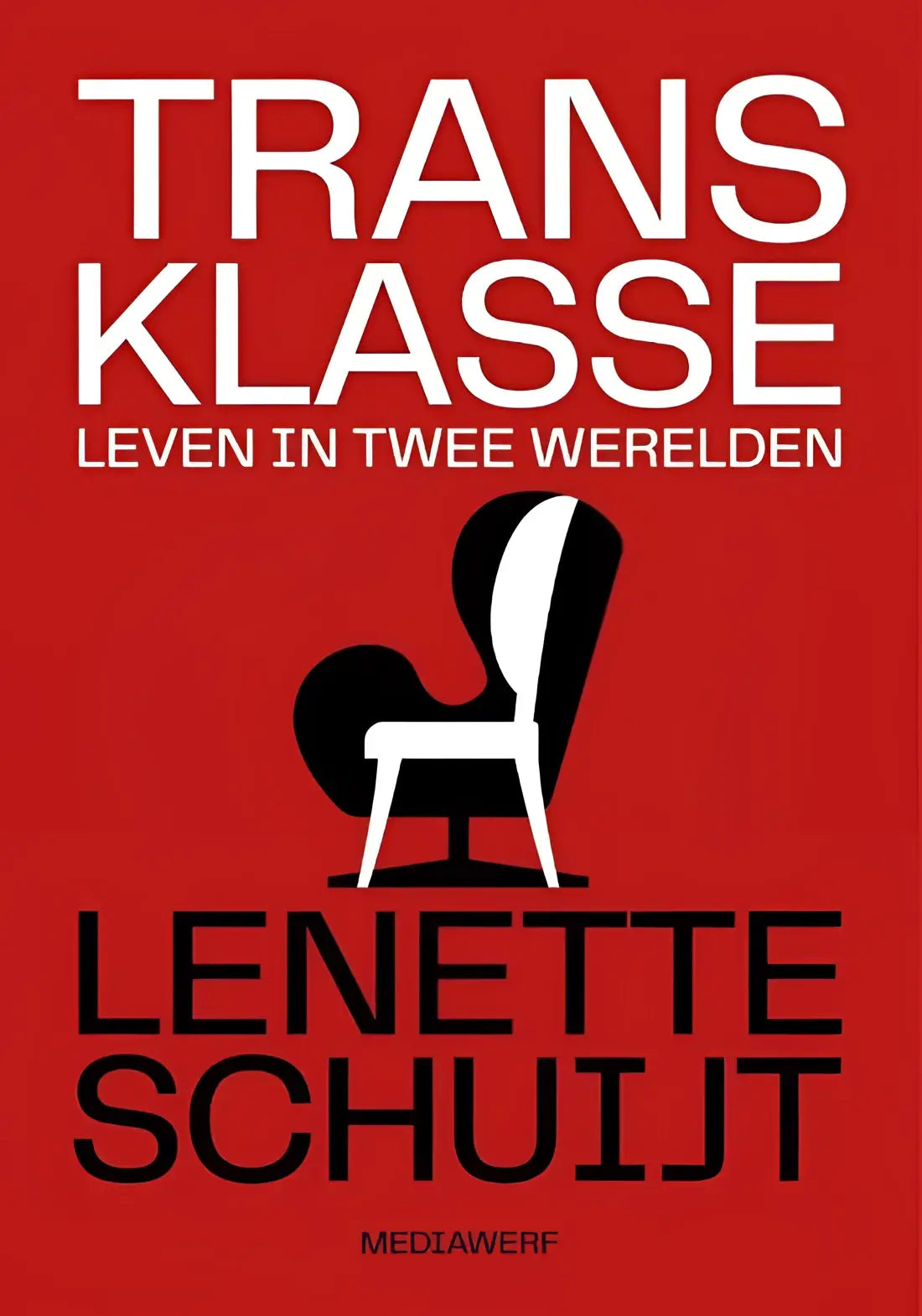 Rode boekomslag van Transklasse met minimalistische zwart-witte stoelillustratie en bold tekst over twee werelden