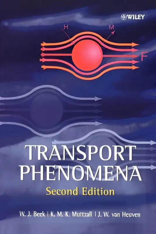 Boekcover van transport phenomena met een rode bol en oranje en witte lijnen tegen een diepblauwe achtergrond voor heat and mass