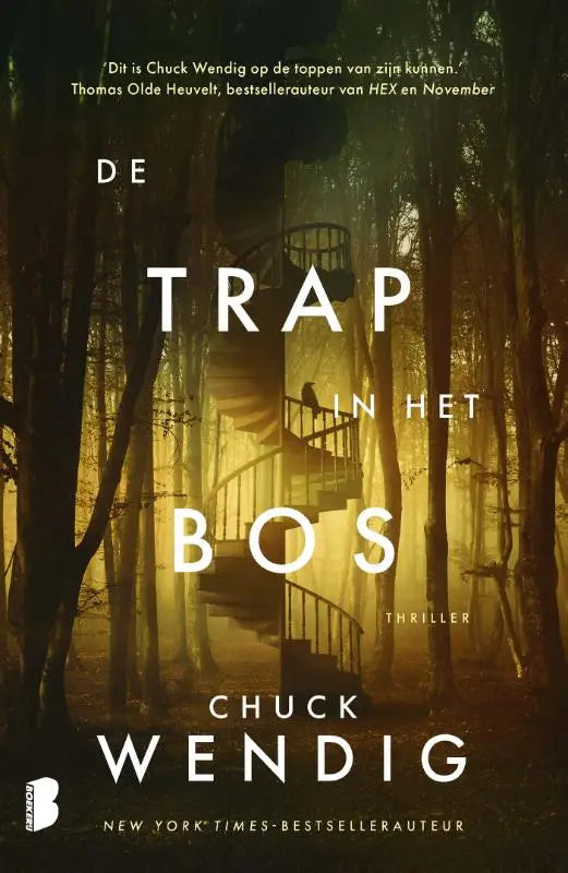 De trap in het bos boekomslag toont een spiraaltrap in een donker mistig bos met warme gouden verlichting