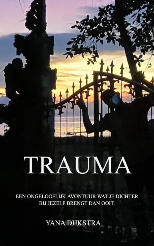 Boekcover trauma met title en auteur voor een donker silhouet van een sierhek bij zonsondergang voor ongelooflijk avontuur