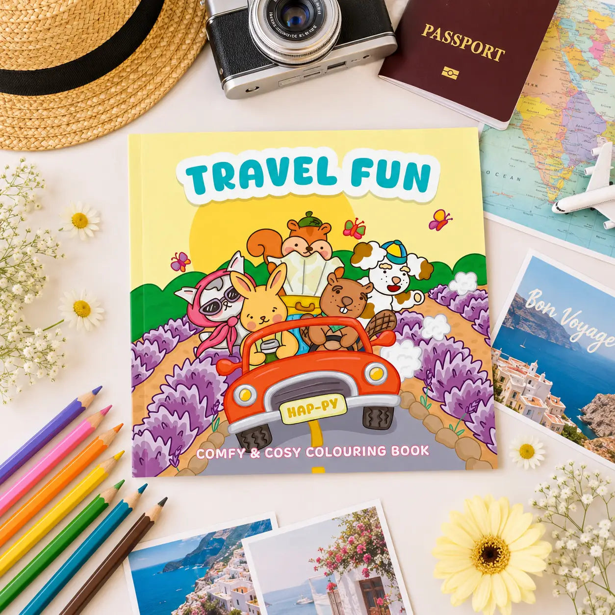 A brightly colored children’s cozy colouring book titled travel fun featuring kawaii illustraties of cartoon animals in a red car