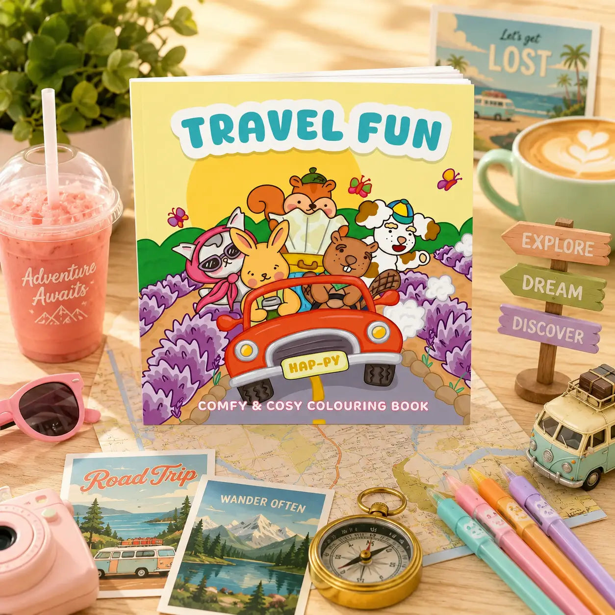Een felgekleurde cozy colouring book travel fun met kawaii illustraties van dieren in een rode auto voor creatieve kleurplaten