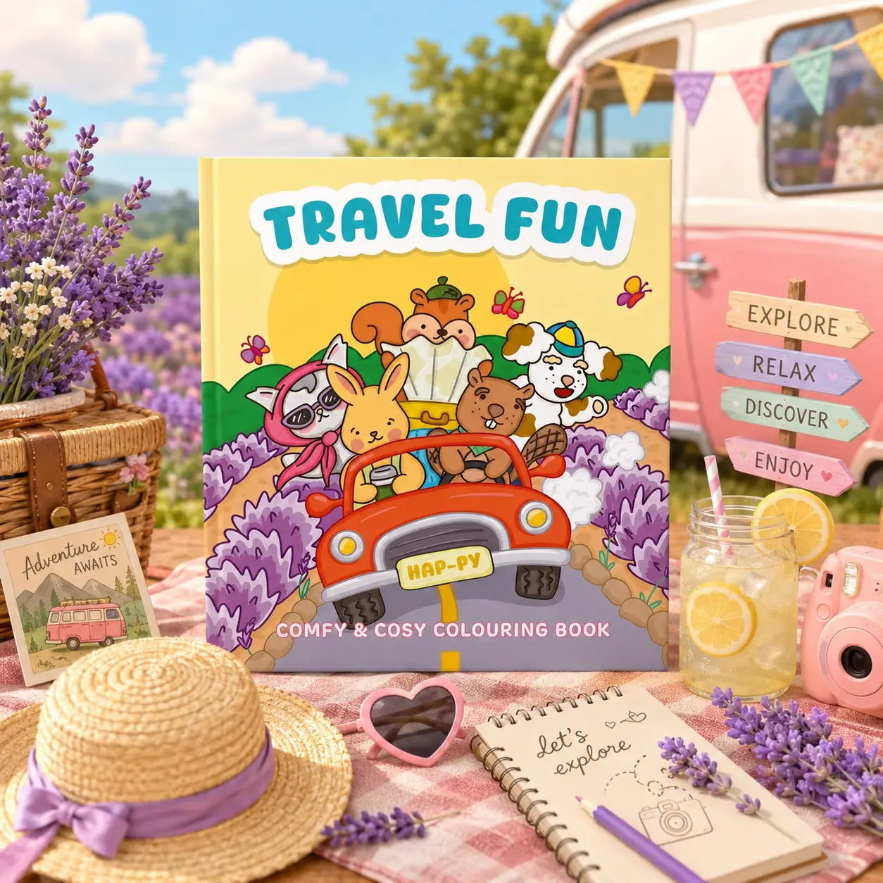 Vibrant geel travel fun kleurboek met kawaii illustraties van dieren in rode auto, een gezellige en comfortabele creatieve kleurplaten