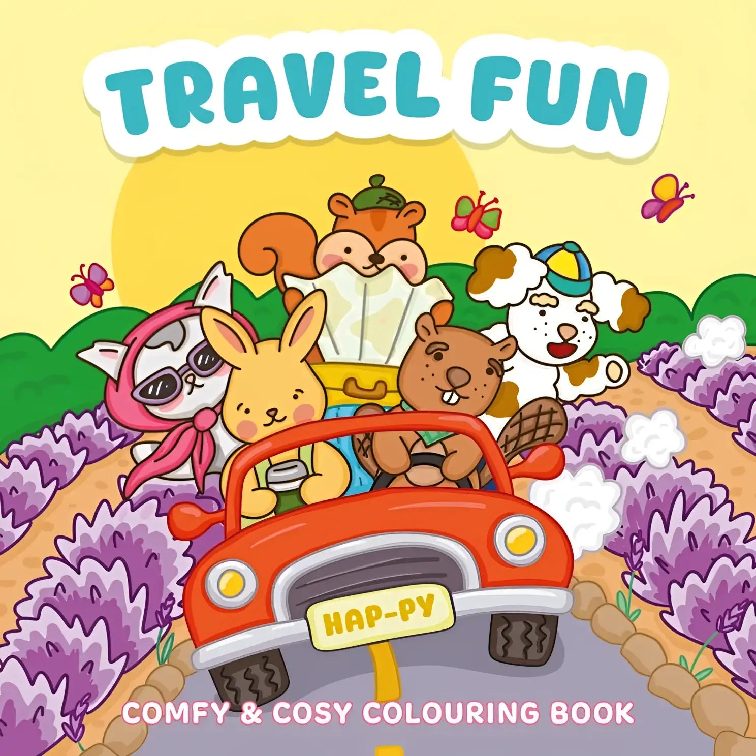 Travel fun kleurboek met rode cartoonauto en schattige dieren in lavendelveld voor een cozy colouring ervaring