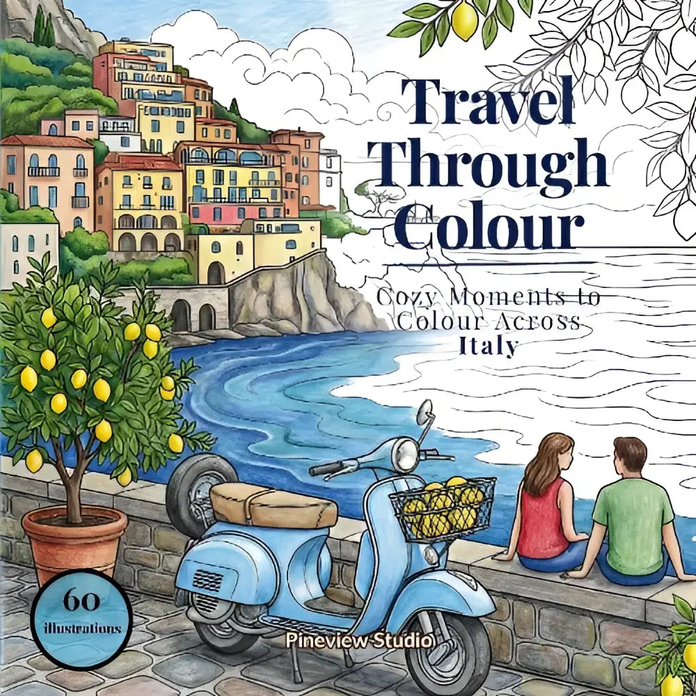 Een lichtblauwe vintage scooter met een tan zadel en een mand aan de voorkant naast een kasseienpad in moments to colour across italy