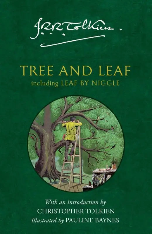 Groen gebonden boek tree and leaf inclusief leaf met illustratie van man in geel die een boom beklimt op een houten ladder