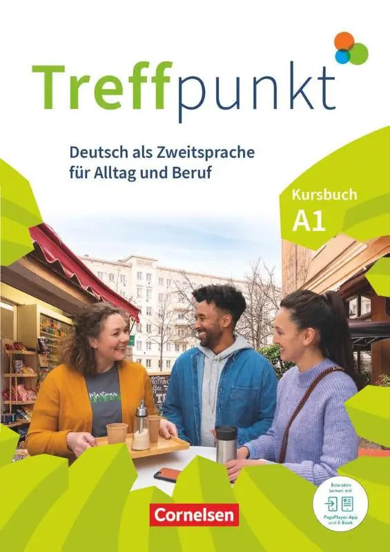 Cover van treffpunkt deutsch für die integration a1 kursbuch met groene en witte ontwerp en mensen in dagelijks leven