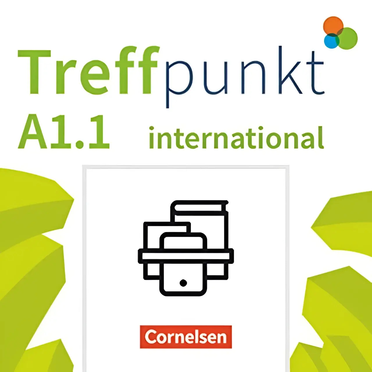 Cover van treffpunkt international a1.1 taalleerboek met zwart lijntekening van gestapelde boeken op limegroene achtergrond