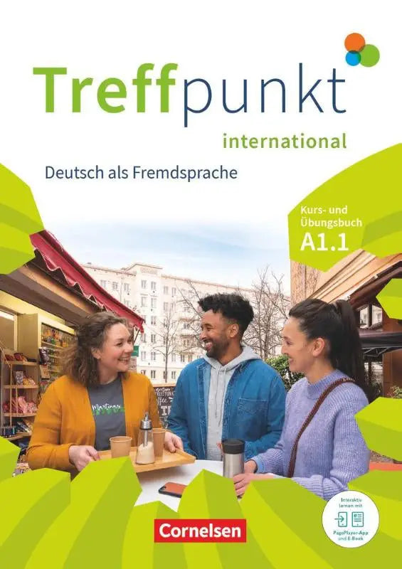 De cover van treffpunkt international a1.1 werkboek met drie lachende personen bij een buiten café en groene bladeren