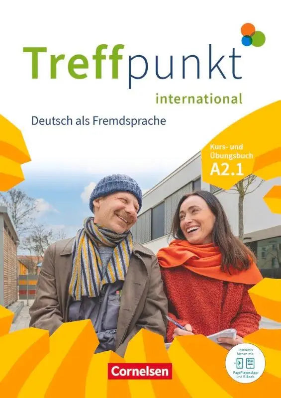 Cover of treffpunkt international a2.1 german language workbook nivau a1-b1 showing smiling winter dressed man and woman