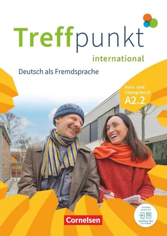De cover van treffpunkt international a2.2 duitse taalcursus en werkboek met een man in blauwe muts en vrouw in oranje trui