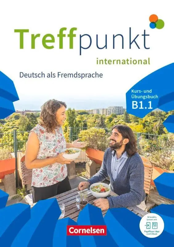 De cover van treffpunkt international a1-b1 b1.1 deelband 1 met lachende man en vrouw op terras en blauwe geometrische elementen