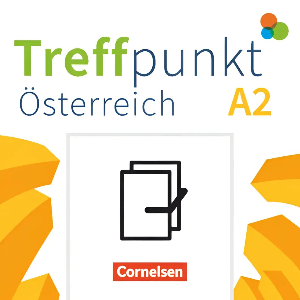 De voorkant van cornelsen treffpunkt österreichische ausgabe a2 taalboek met zwart line art icoon van stapel papieren en vinkje