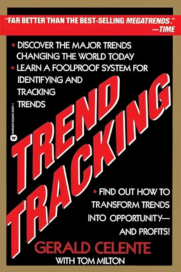 De boekcover van trend tracking toont grote schuine rode en witte tekst op zwarte achtergrond voor trendanalyse
