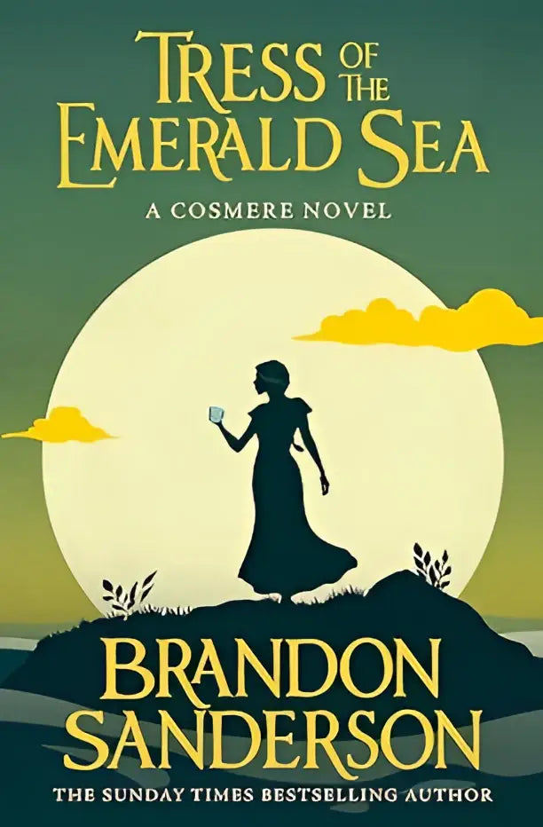 De boekcover van tress of the emerald sea toont een silhouet van een vrouw tegen een grote gele maan