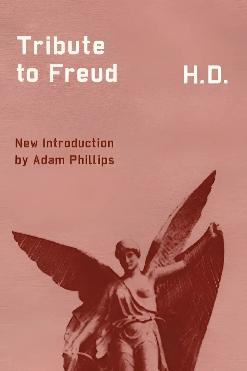 De boekcover van tribute to freud toont een monochrome illustratie van een engelachtig figuur tegen een roze achtergrond