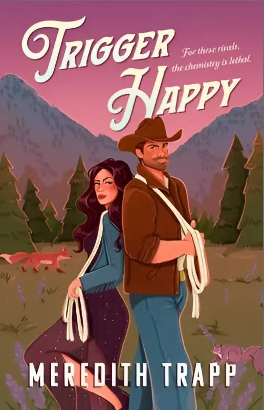 De boekcover van Trigger Happy een roman door Meredith Trapp toont een man en vrouw in cowboykleding voor berglandschap