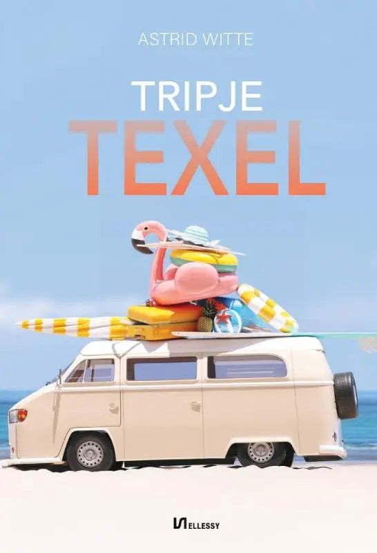 Creamkleurige vintage bus met surfplank en kleurrijke opblaasspeelgoed op het dak voor tripje texel