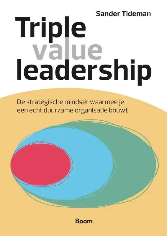De boekcover van triple value leadership door sander tideman met een minimalistisch ontwerp en kleuren voor een écht duurzame organisatie