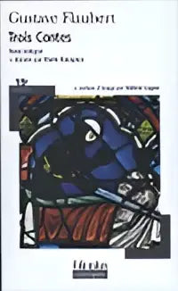 Boekcover van grosse flaubert trois contes met donkerblauwe klassieke figuren illustratie op gestructureerde achtergrond