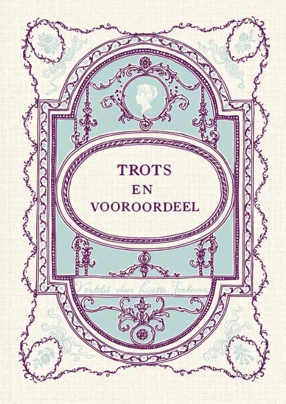 De boekomslag van trots en vooroordeel van jane austen toont een vintage design met lichtblauw paneel en paarse filigraan in reeks blossom van xander uitgevers