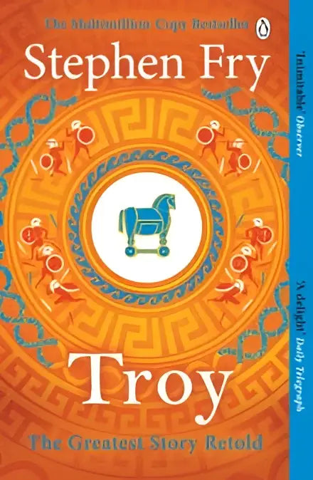Ontdek stephen fry’s epische re-telling van troy met een levendig oranje en blauw boekomslag en een gestileerd blauw paard