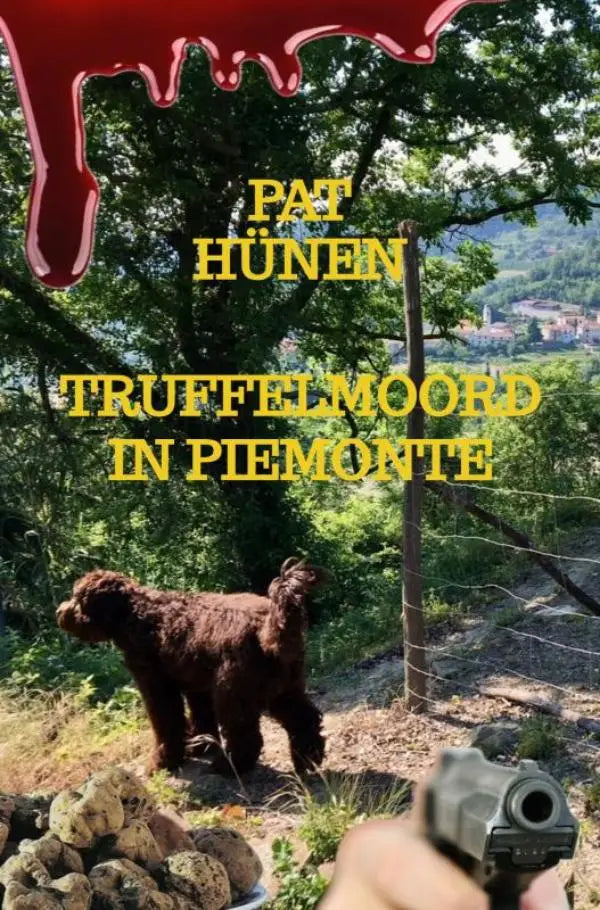 Een bruin krullendharige hond staat in een zonnige buitenomgeving bij truffelmoord in piemonte