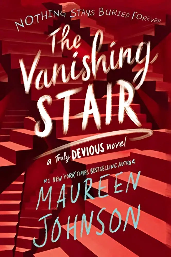 De cover van truly devious complete serie van maureen johnson toont white en black tekst op rode trap achtergrond