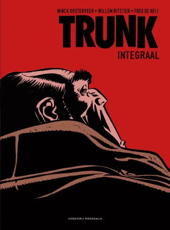 De cover van trunk integraal toont een zwart-wit illustratie van een man onder een deken op een rode achtergrond door willem ritstier uitgeverij personalia