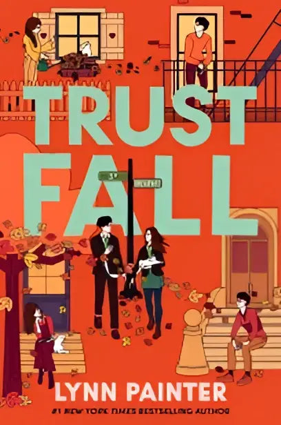 De levendige oranje cover van het boek trust fall van de bestsellerauteur better than the movies toont mensen op trappen en straten