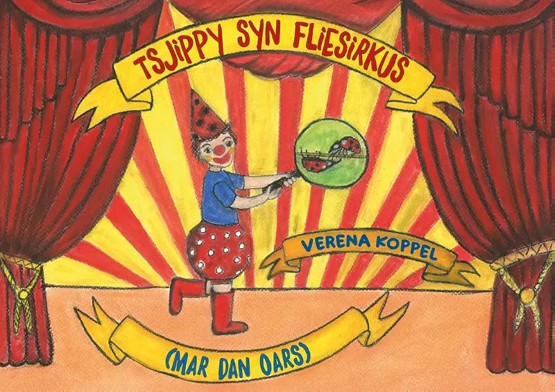 A kleurrijk kinderboek tsjippy syn fliesirkus met een cartoonclown in rood en blauw die lieveheersbeestjes gooit