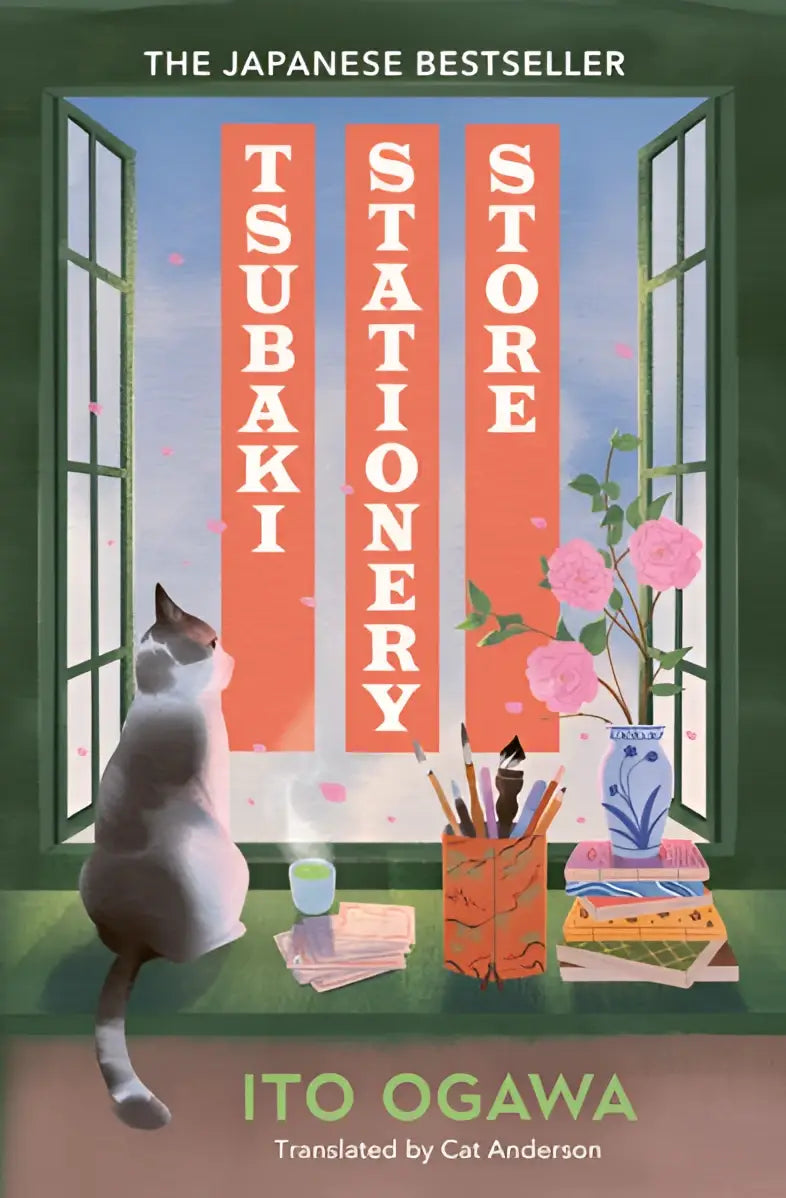 The book cover of tsubaki stationery store by ito ogawa shows a gray and white cat looking at a sign honoring her late grandmother