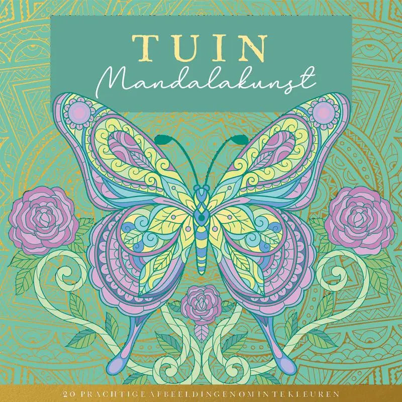 Tuin mandalakunst met een levendige vlinder in paarse, gele en teal tinten tegen een mandala kleurboek achtergrond