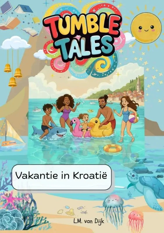 Kleurrijke cartoon boekcover van tumble tales met vakantie in kroatië voor jonge lezers met familie aan zee