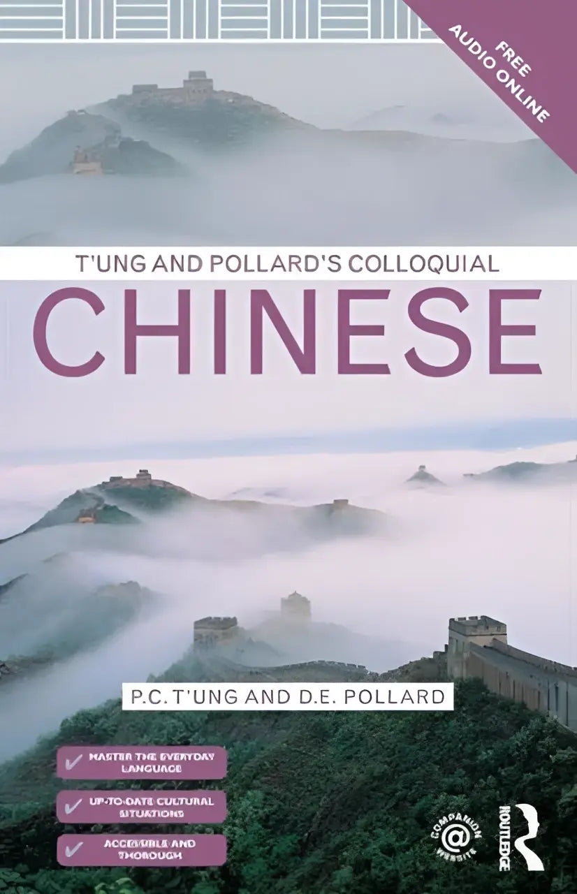 The cover of t’ung and pollard’s colloquial chinese textbook features a misty mountain landscape with the great wall in purples and greens