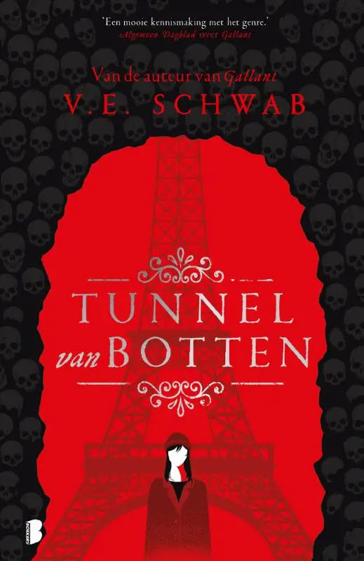Boekcover van tunnel van botten met rode eiffeltoren illustratie en verwijzing naar cassidy blake