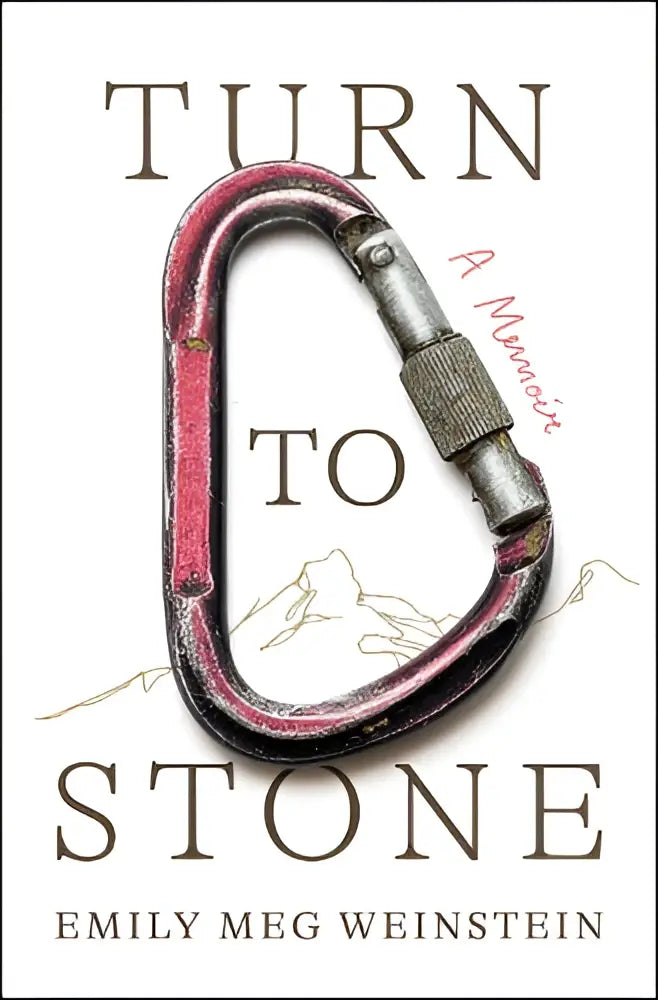 Een metallic karabijnhaak met een roze coating en zilveren beslag op de omslag van het boek turn to stone - a memoir