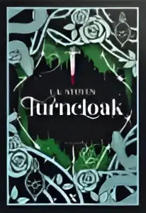 Boekcover turncloak met donkergroen en zwart bladpatroon rond titel a mystery of turncloak in elegante seriflettertype