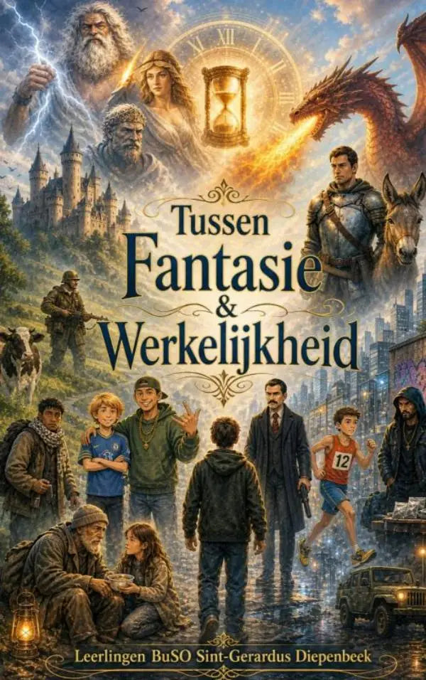 De boekcover van tussen fantasie en werkelijkheid toont een levendige illustratie voor jonge lezers met draken en kastelen