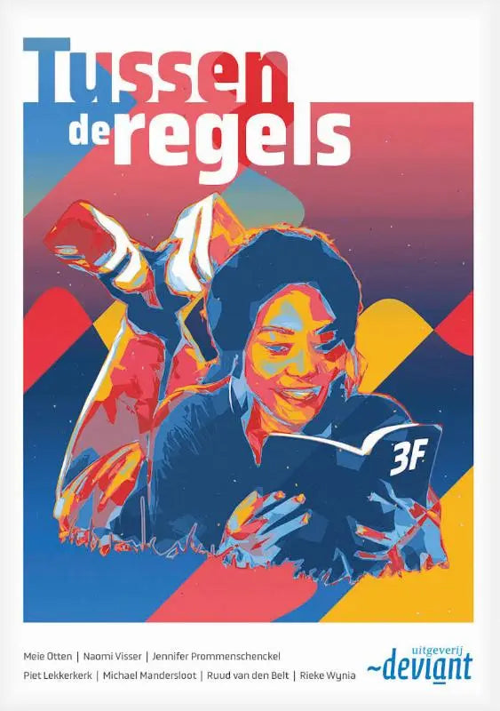Vibrante pop-art omslag van het boek Tussen de regels met een lachend persoon en rode blauwe geometrische vormen