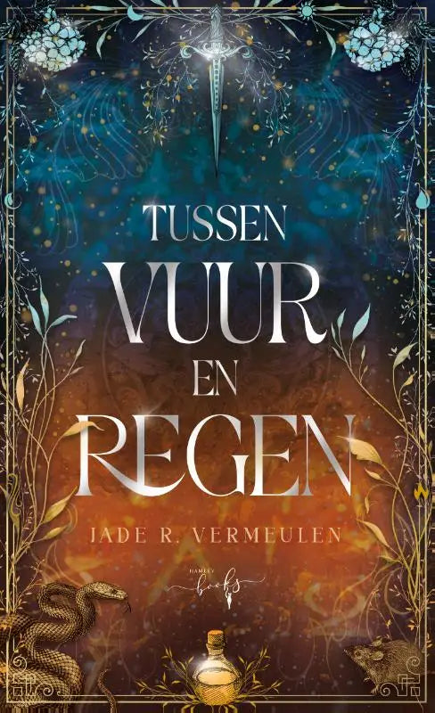 De boekomslag van tussen vuur en regen door Jade R met kleurrijke illustraties en moderne typografie