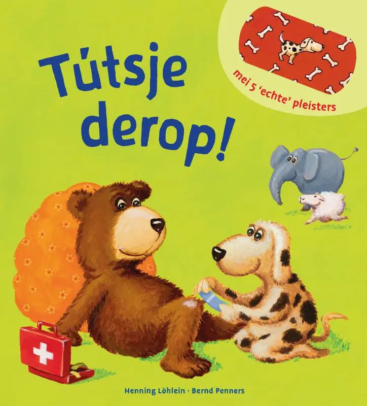 Een rood eerstehulpk offer met een wit kruis naast een bruine beer voor jonge lezers tútsje derop