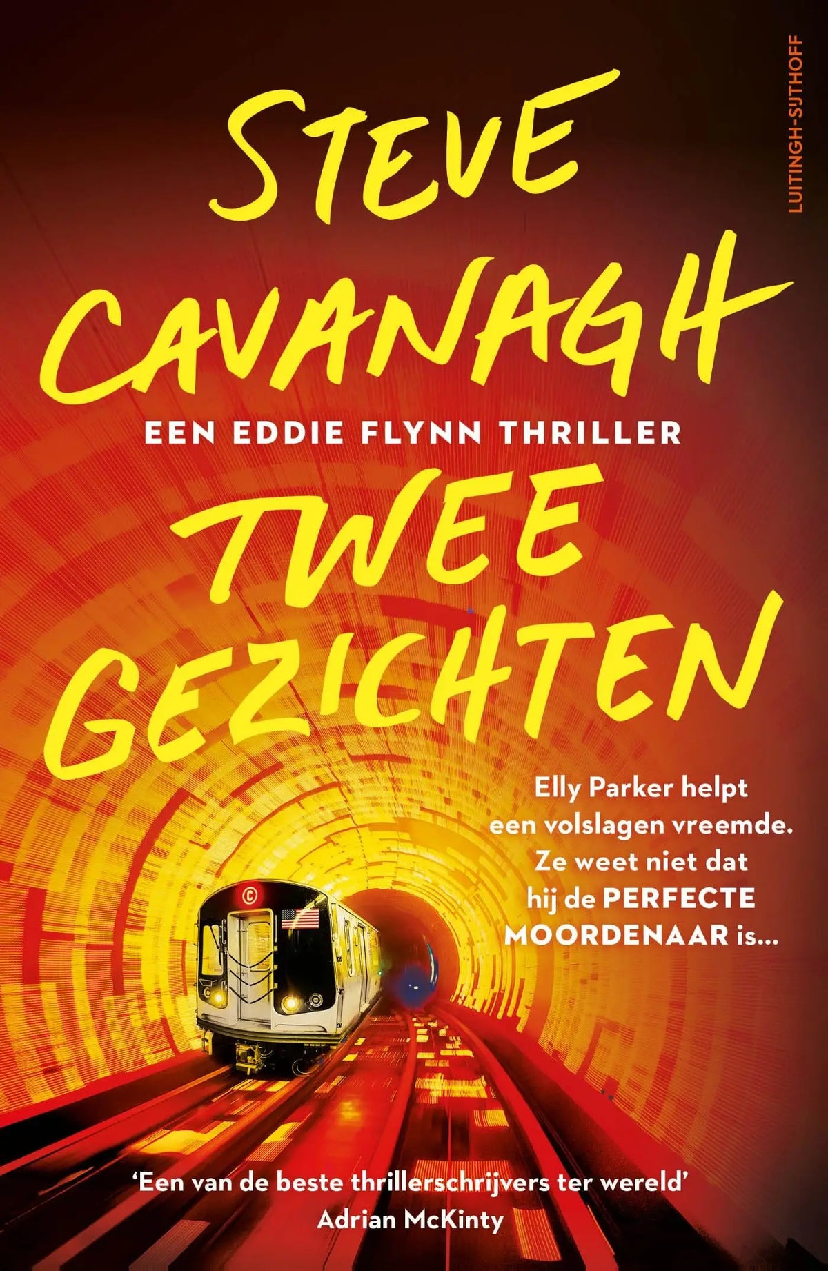 Gele tekst met de titel twee gezichten door steve cavanagh op een vurige rode en oranje tunnel achtergrond van luitingh sijthoff