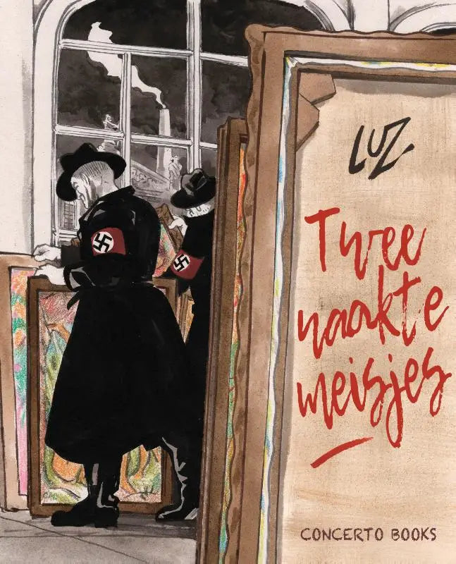 De boekomslag van twee naakte meisjes toont de titel in rood en een zwart-wit illustratie van twee figuren in uniform