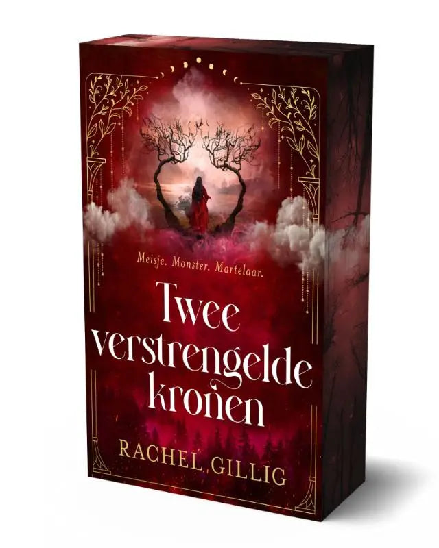 Een donkerrood boek met een fantasieomslag en een gouden rand getiteld twee verstrengelde kronen